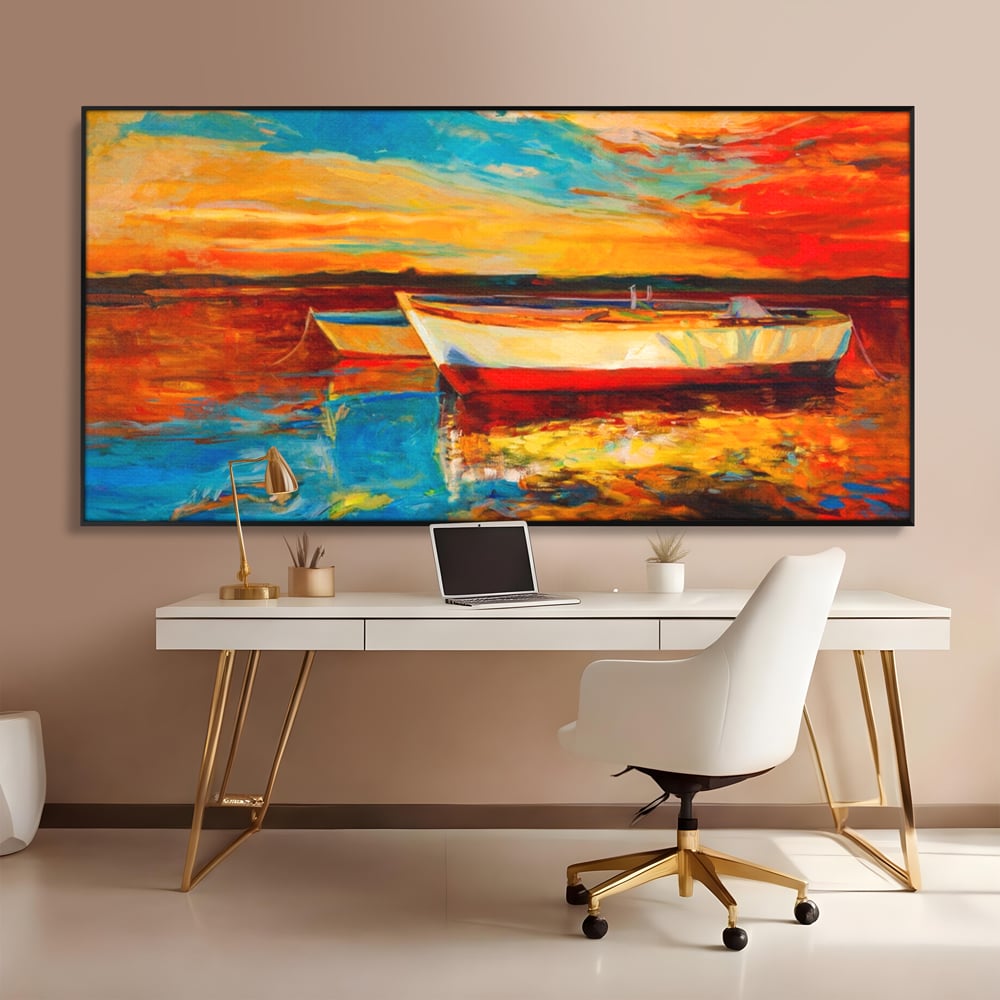 Tablou Canvas Premium LuxCanva® A1251, Apus Pe Mare, Decorativ, Living, Barci, Apa, Portocaliu, Cer, Dormitor, Culori Vibrante