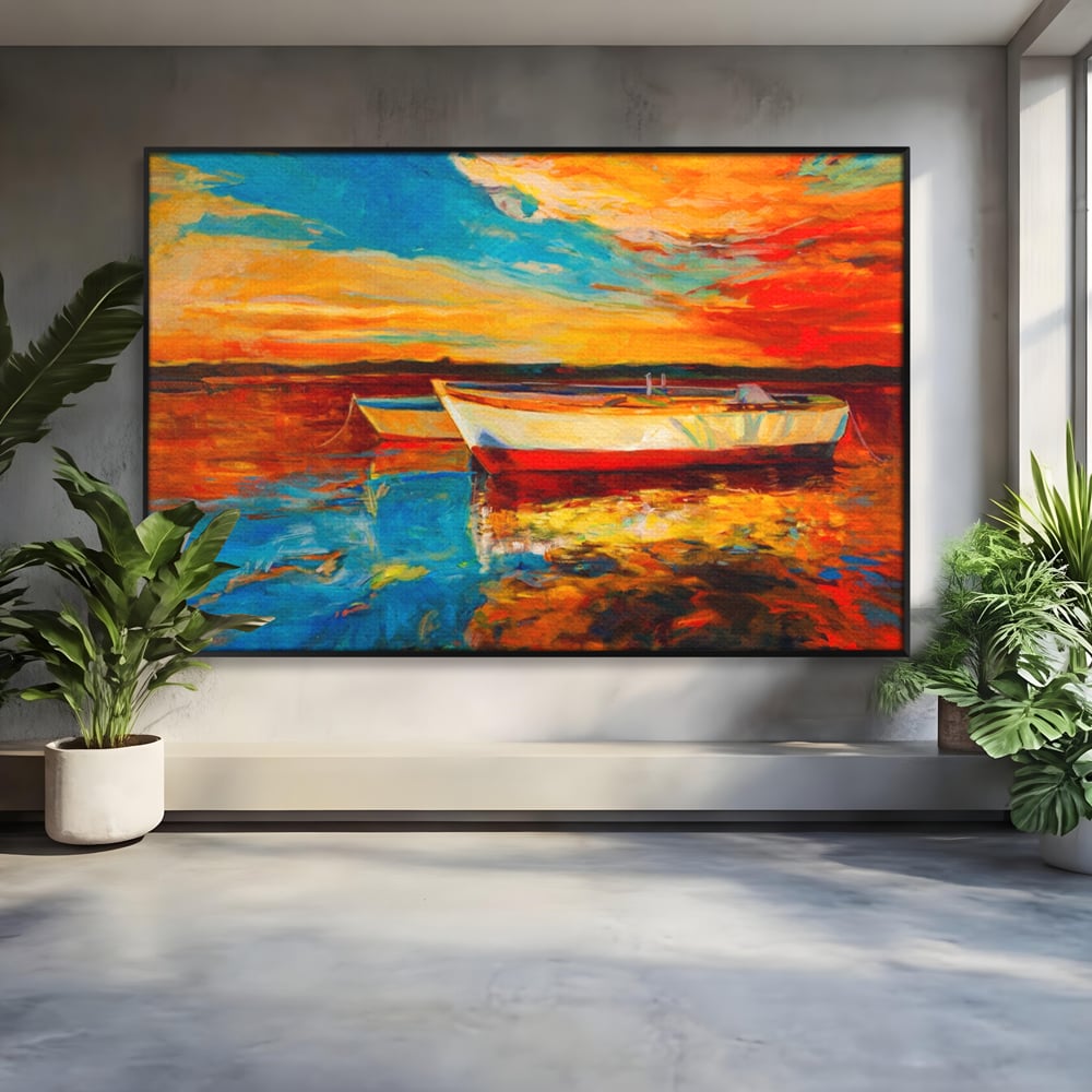 Tablou Canvas Premium LuxCanva® A1251, Apus Pe Mare, Decorativ, Living, Barci, Apa, Portocaliu, Cer, Dormitor, Culori Vibrante