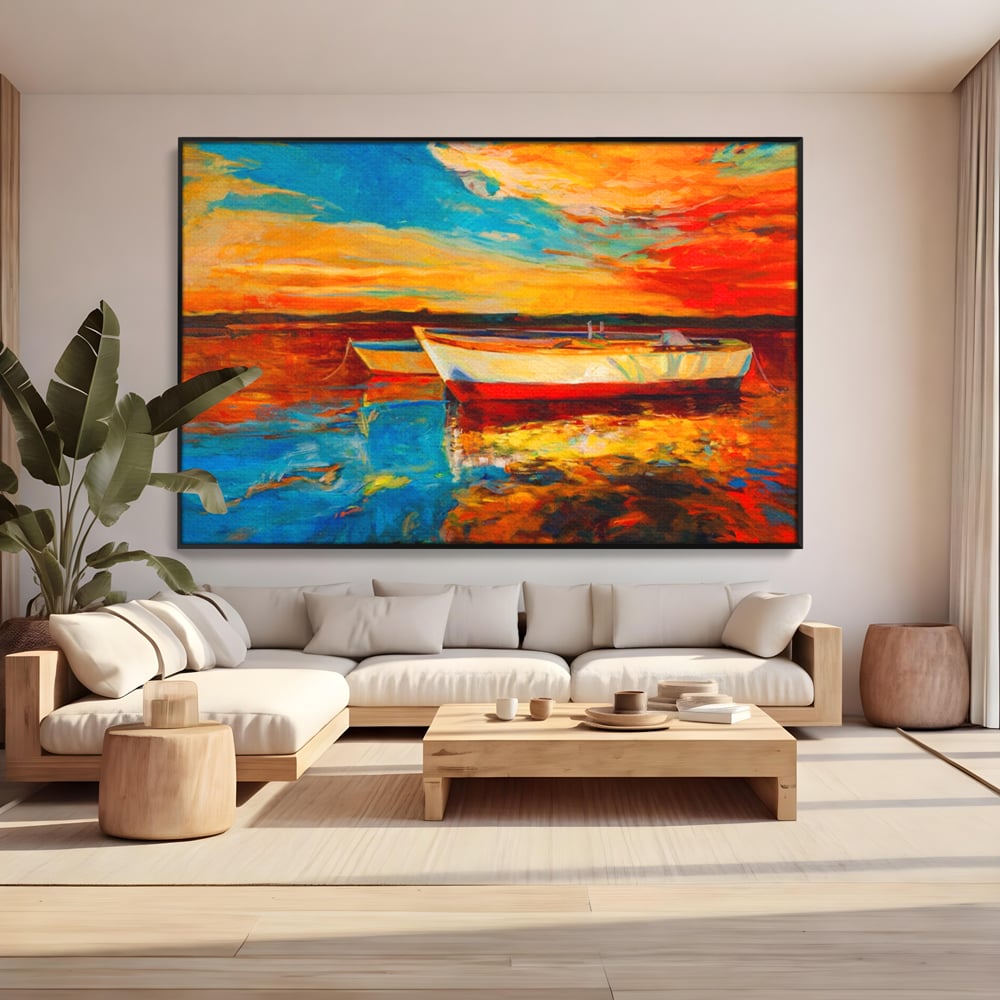 Tablou Canvas Premium LuxCanva® A1251, Apus Pe Mare, Decorativ, Living, Barci, Apa, Portocaliu, Cer, Dormitor, Culori Vibrante