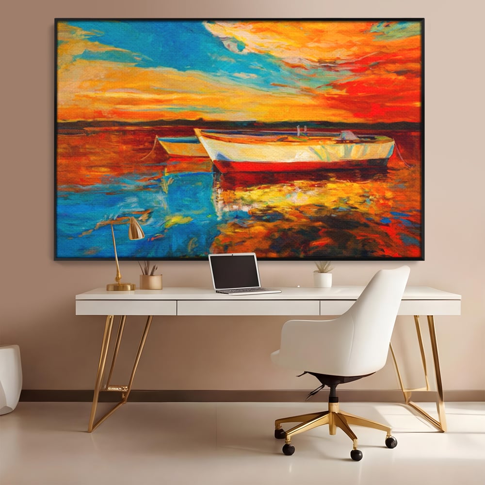 Tablou Canvas Premium LuxCanva® A1251, Apus Pe Mare, Decorativ, Living, Barci, Apa, Portocaliu, Cer, Dormitor, Culori Vibrante