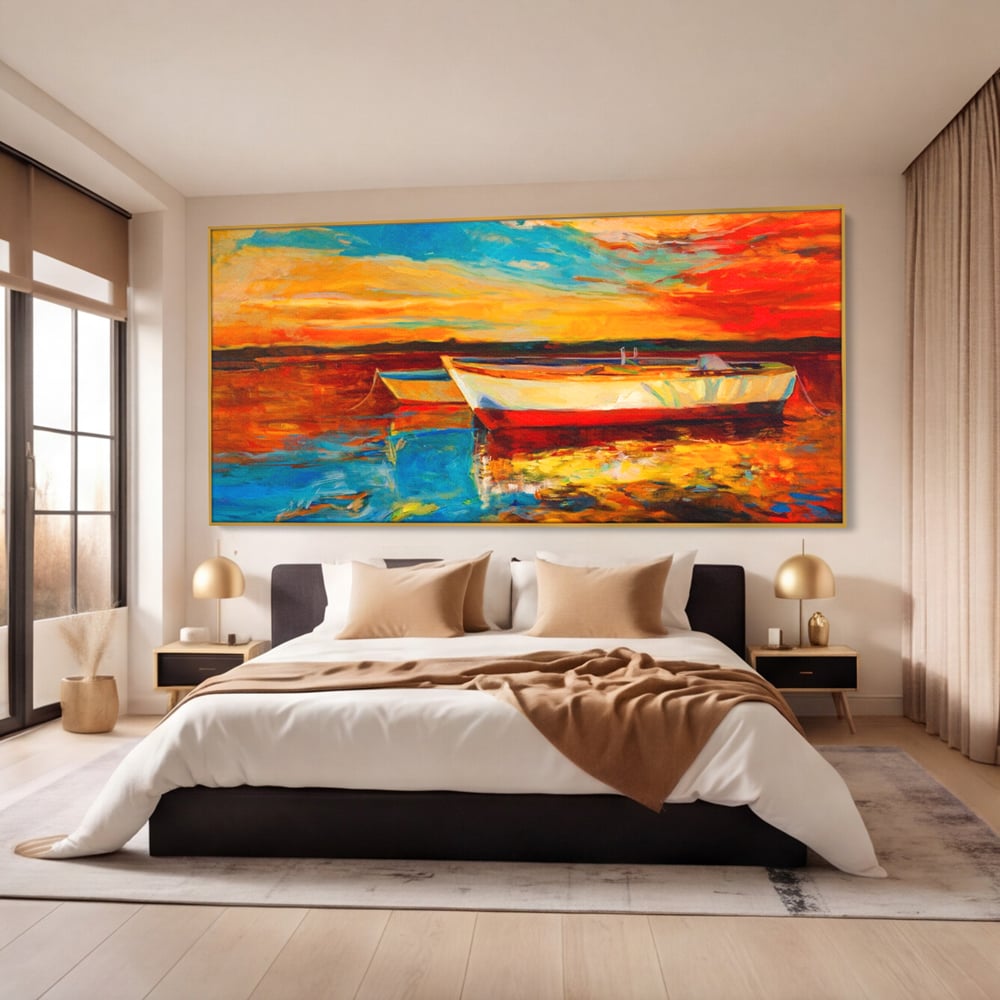 Tablou Canvas Premium LuxCanva® A1251, Apus Pe Mare, Decorativ, Living, Barci, Apa, Portocaliu, Cer, Dormitor, Culori Vibrante