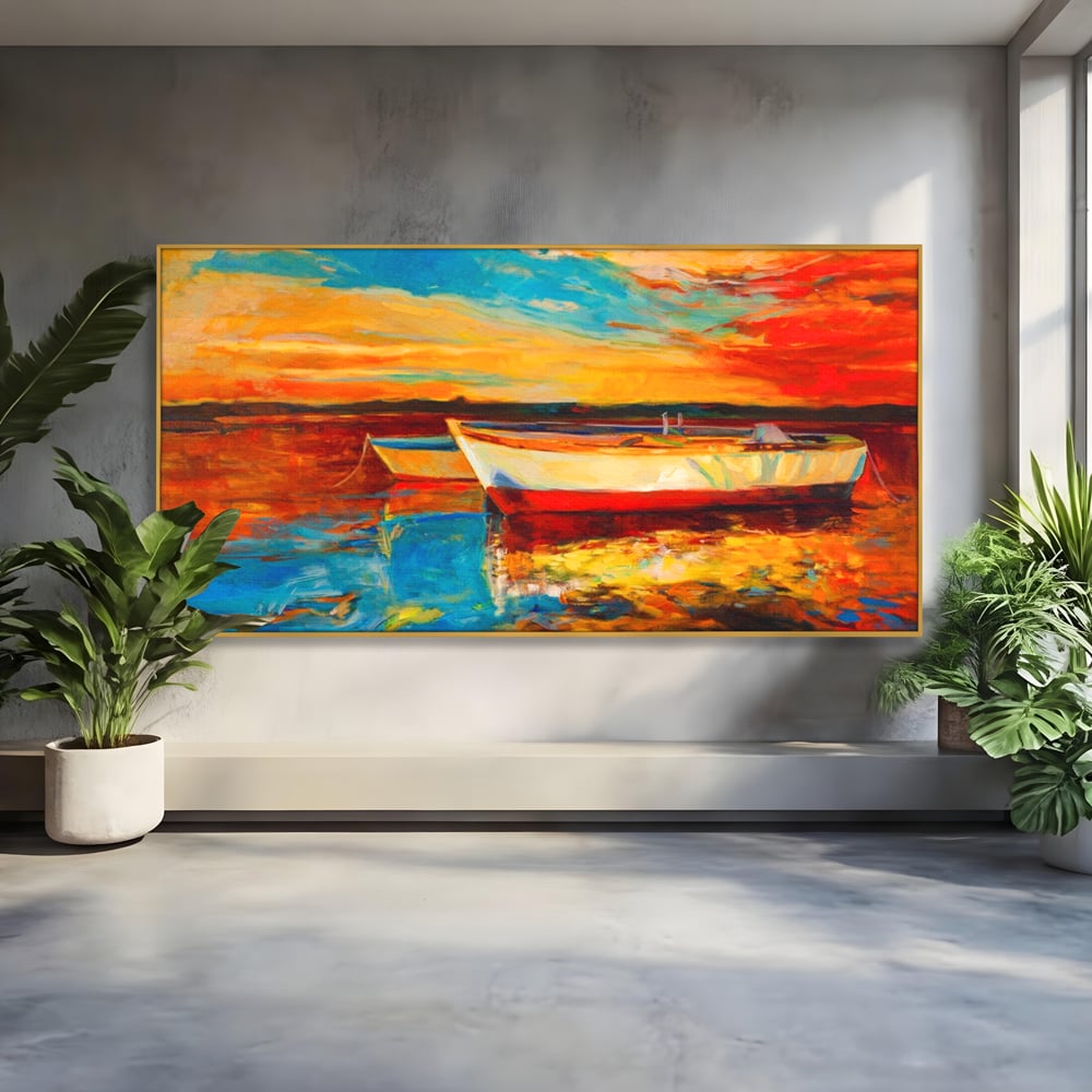 Tablou Canvas Premium LuxCanva® A1251, Apus Pe Mare, Decorativ, Living, Barci, Apa, Portocaliu, Cer, Dormitor, Culori Vibrante