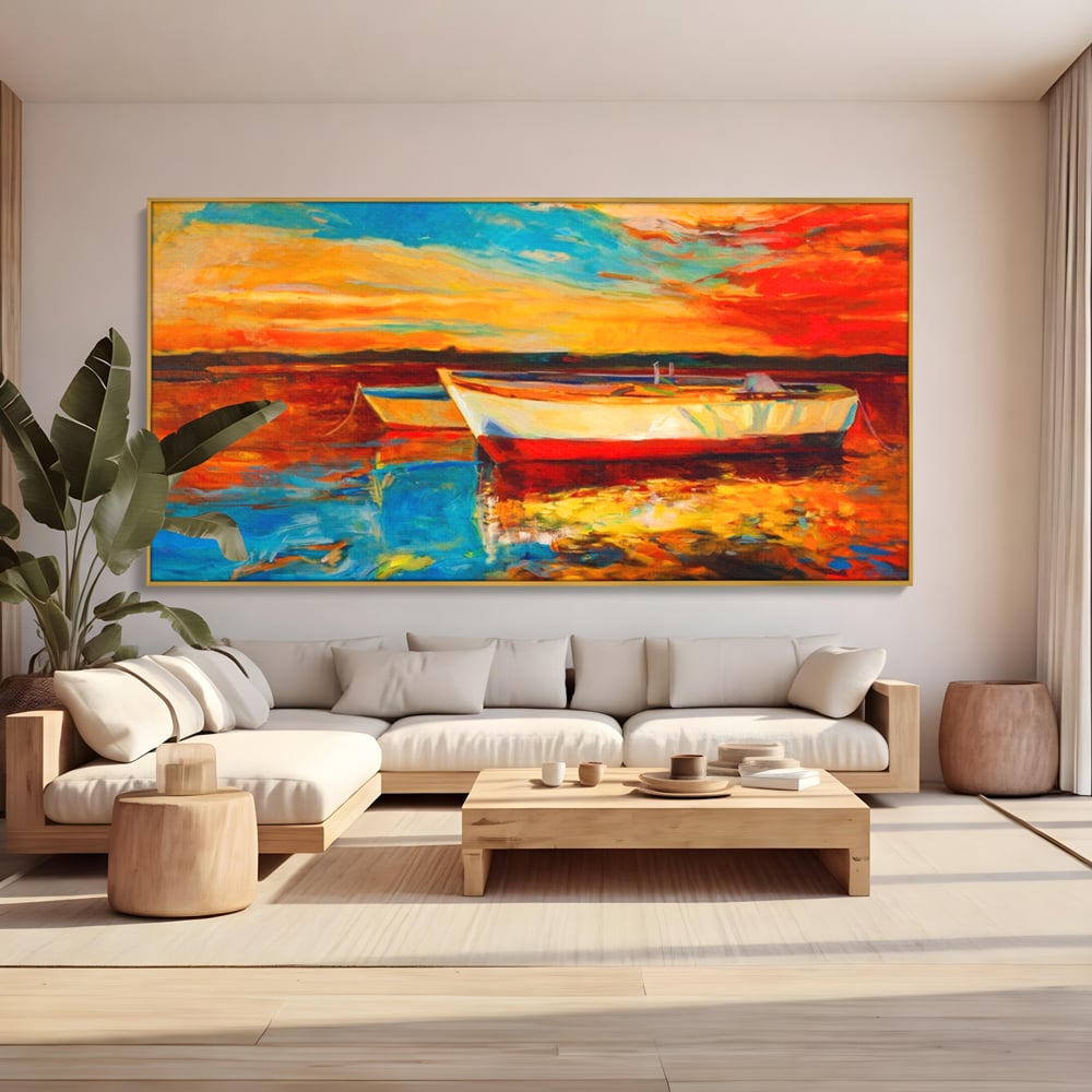 Tablou Canvas Premium LuxCanva® A1251, Apus Pe Mare, Decorativ, Living, Barci, Apa, Portocaliu, Cer, Dormitor, Culori Vibrante