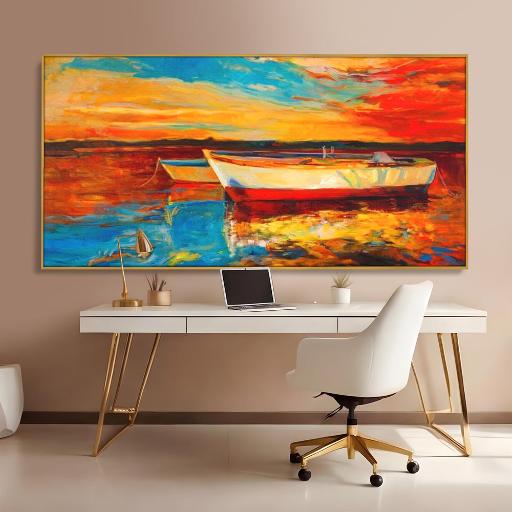 Tablou Canvas Premium LuxCanva® A1251, Apus Pe Mare, Decorativ, Living, Barci, Apa, Portocaliu, Cer, Dormitor, Culori Vibrante
