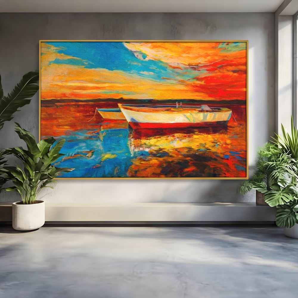 Tablou Canvas Premium LuxCanva® A1251, Apus Pe Mare, Decorativ, Living, Barci, Apa, Portocaliu, Cer, Dormitor, Culori Vibrante