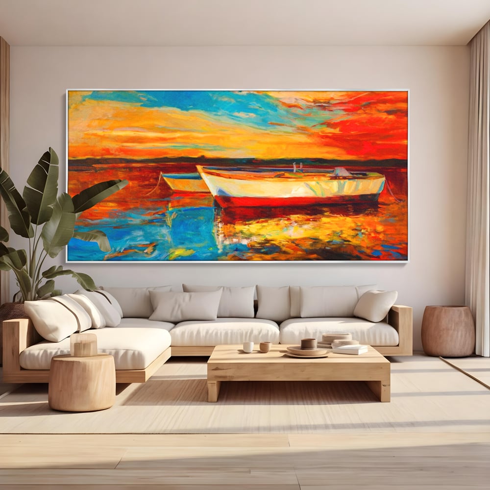 Tablou Canvas Premium LuxCanva® A1251, Apus Pe Mare, Decorativ, Living, Barci, Apa, Portocaliu, Cer, Dormitor, Culori Vibrante