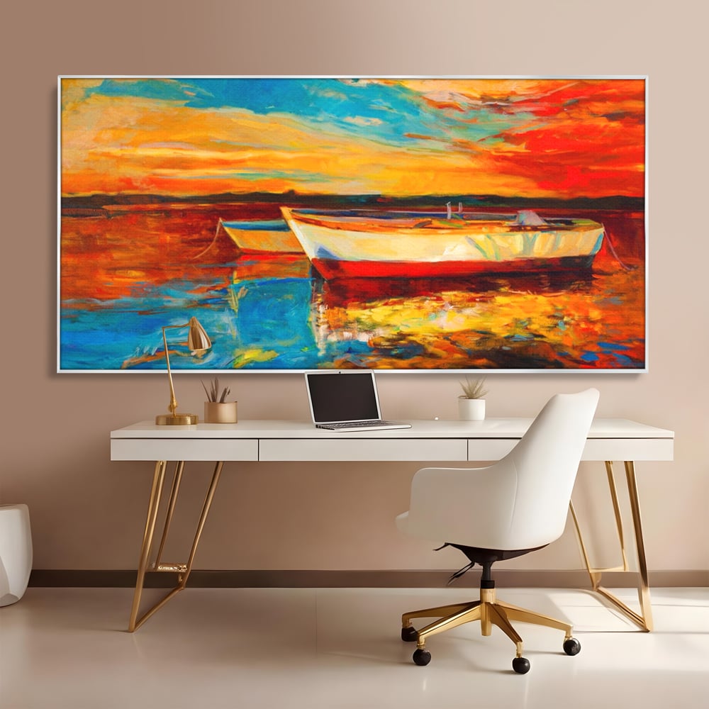 Tablou Canvas Premium LuxCanva® A1251, Apus Pe Mare, Decorativ, Living, Barci, Apa, Portocaliu, Cer, Dormitor, Culori Vibrante