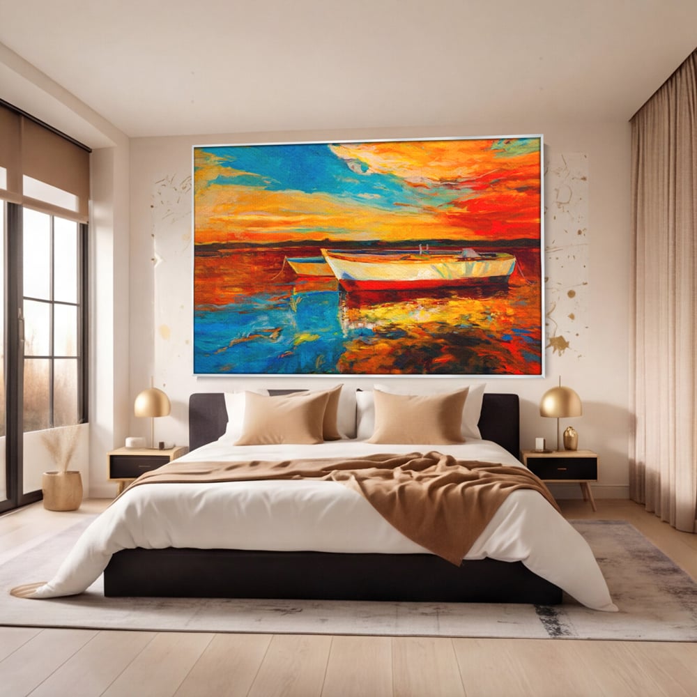 Tablou Canvas Premium LuxCanva® A1251, Apus Pe Mare, Decorativ, Living, Barci, Apa, Portocaliu, Cer, Dormitor, Culori Vibrante
