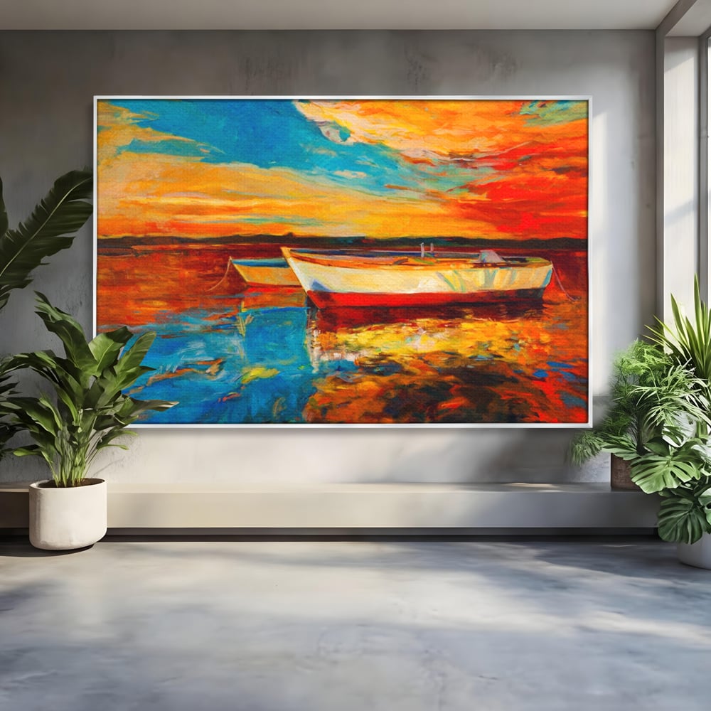 Tablou Canvas Premium LuxCanva® A1251, Apus Pe Mare, Decorativ, Living, Barci, Apa, Portocaliu, Cer, Dormitor, Culori Vibrante