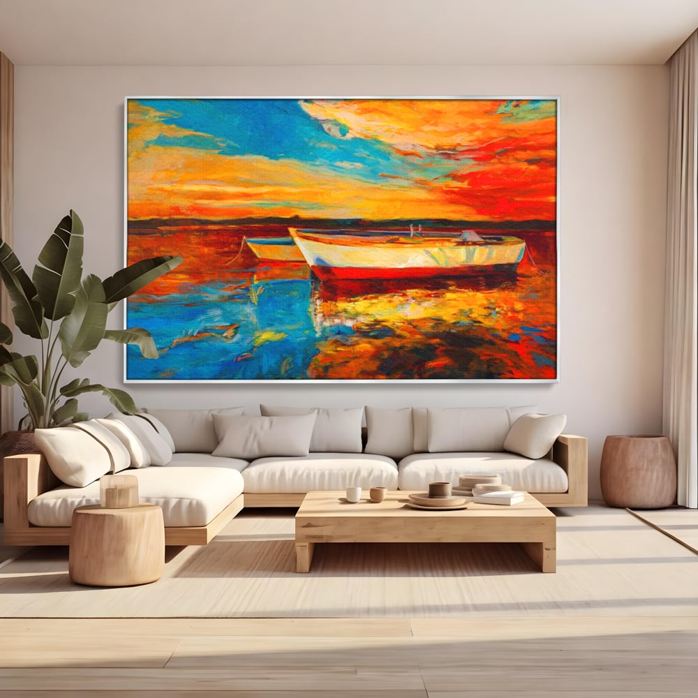 Tablou Canvas Premium LuxCanva® A1251, Apus Pe Mare, Decorativ, Living, Barci, Apa, Portocaliu, Cer, Dormitor, Culori Vibrante
