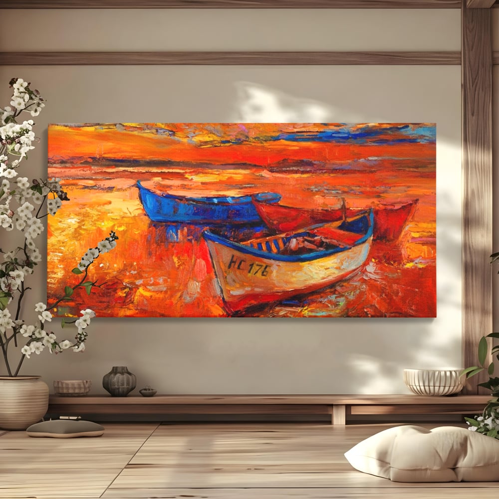 Tablou Canvas Premium LuxCanva® A1252, Barci Parasite, Decorativ, Living, Cer, Barca, Apa, Mare, Portoclaiu, Dormitor, Culori Vibrante