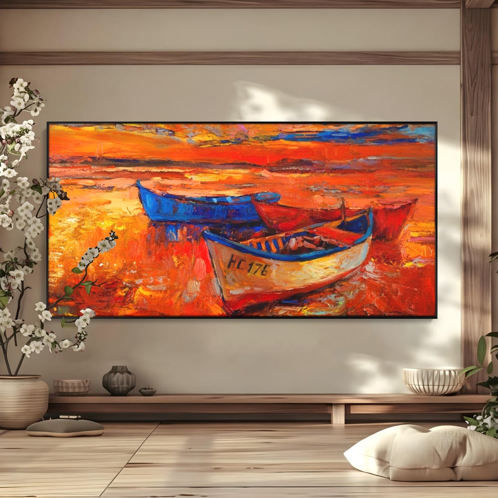 Tablou Canvas Premium LuxCanva® A1252, Barci Parasite, Decorativ, Living, Cer, Barca, Apa, Mare, Portoclaiu, Dormitor, Culori Vibrante