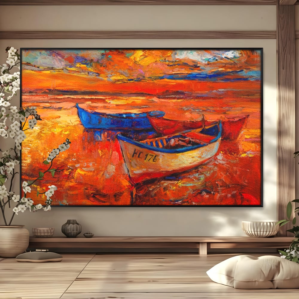 Tablou Canvas Premium LuxCanva® A1252, Barci Parasite, Decorativ, Living, Cer, Barca, Apa, Mare, Portoclaiu, Dormitor, Culori Vibrante