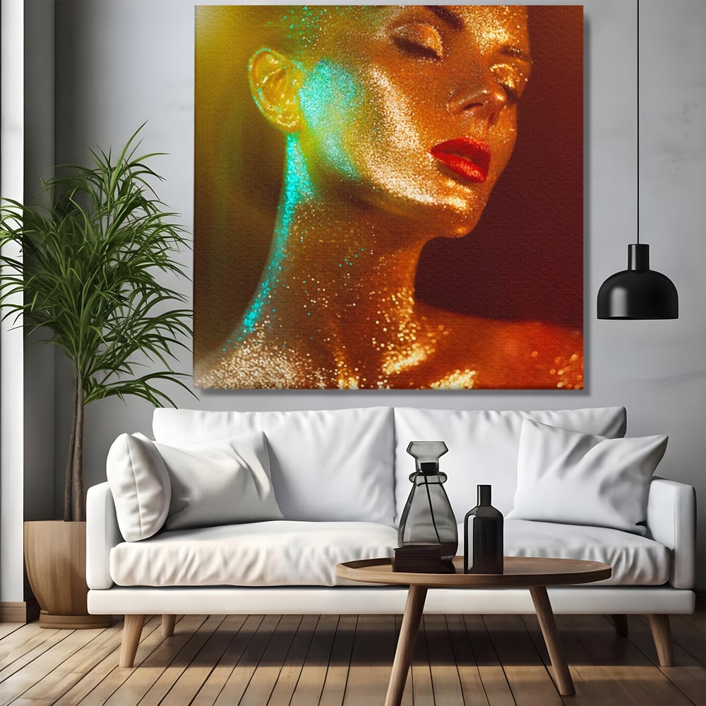 Leinwandbilder Premium LuxCanva® A1257, Mädchen mit Glitzer, Ankleiden, Glitzer, Gold, weiblich, Schlafzimmer, kräftige Farben
