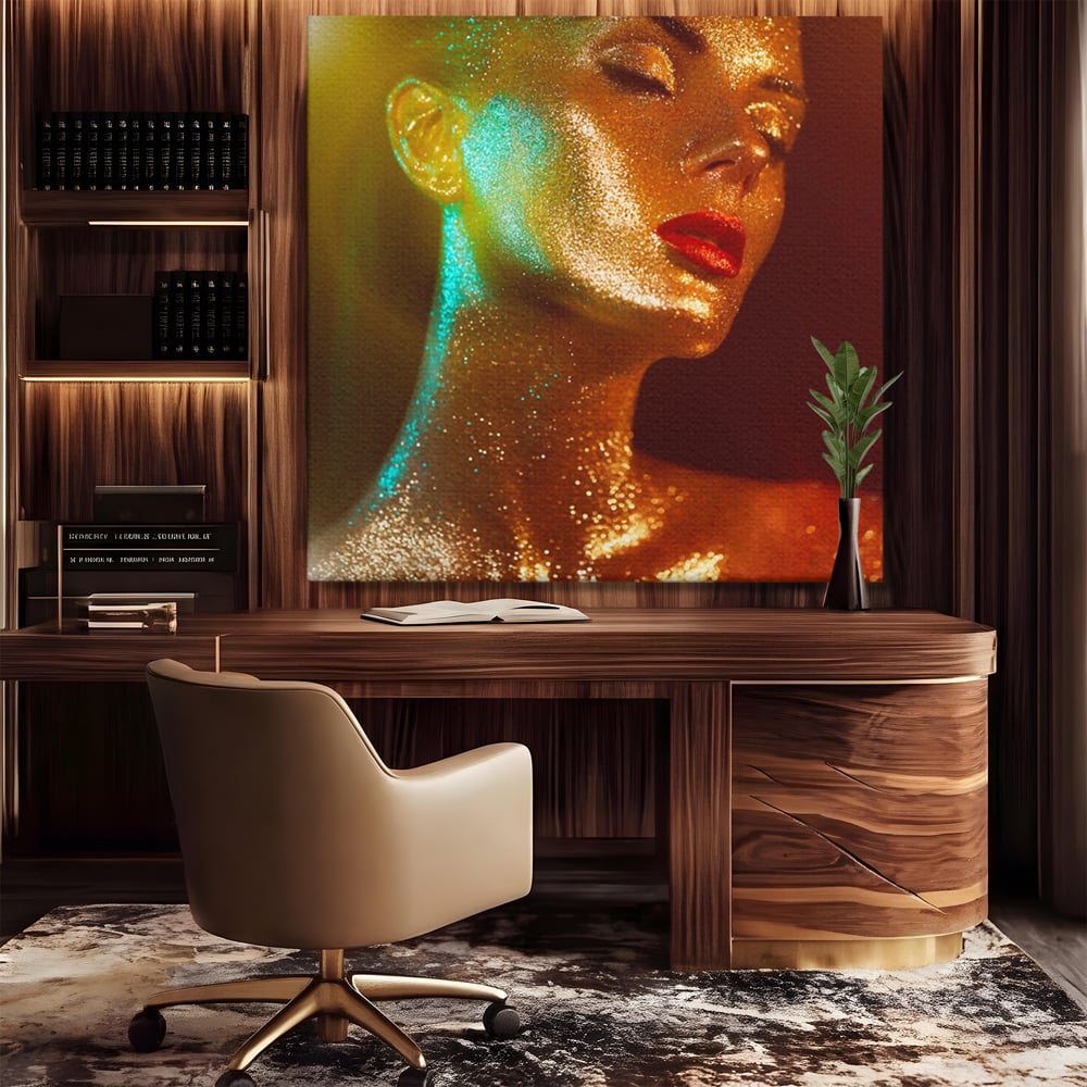 Leinwandbilder Premium LuxCanva® A1257, Mädchen mit Glitzer, Ankleiden, Glitzer, Gold, weiblich, Schlafzimmer, kräftige Farben