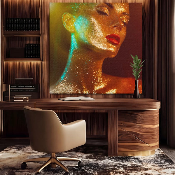 Leinwandbilder Premium LuxCanva® A1257, Mädchen mit Glitzer, Ankleiden, Glitzer, Gold, weiblich, Schlafzimmer, kräftige Farben
