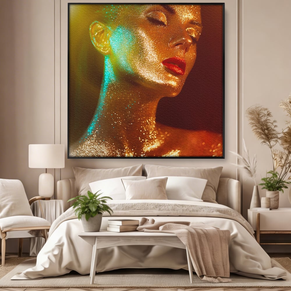 Leinwandbilder Premium LuxCanva® A1257, Mädchen mit Glitzer, Ankleiden, Glitzer, Gold, weiblich, Schlafzimmer, kräftige Farben