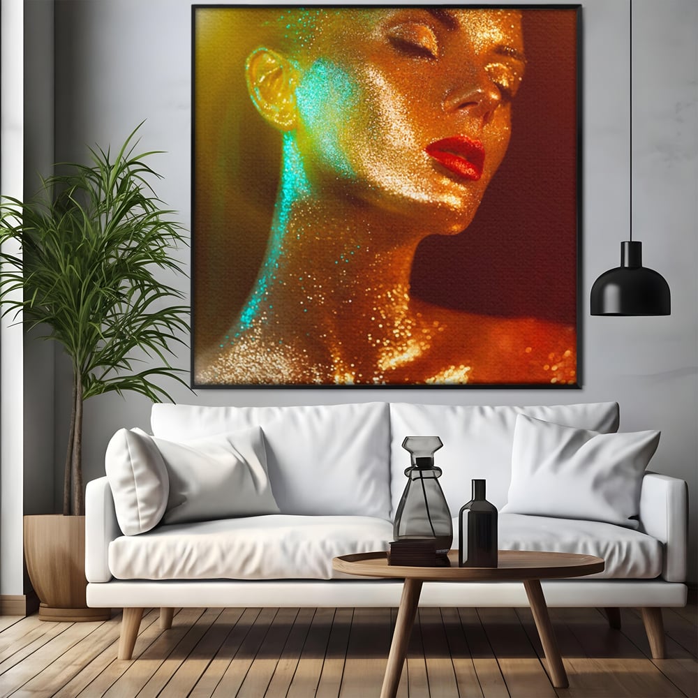 Leinwandbilder Premium LuxCanva® A1257, Mädchen mit Glitzer, Ankleiden, Glitzer, Gold, weiblich, Schlafzimmer, kräftige Farben