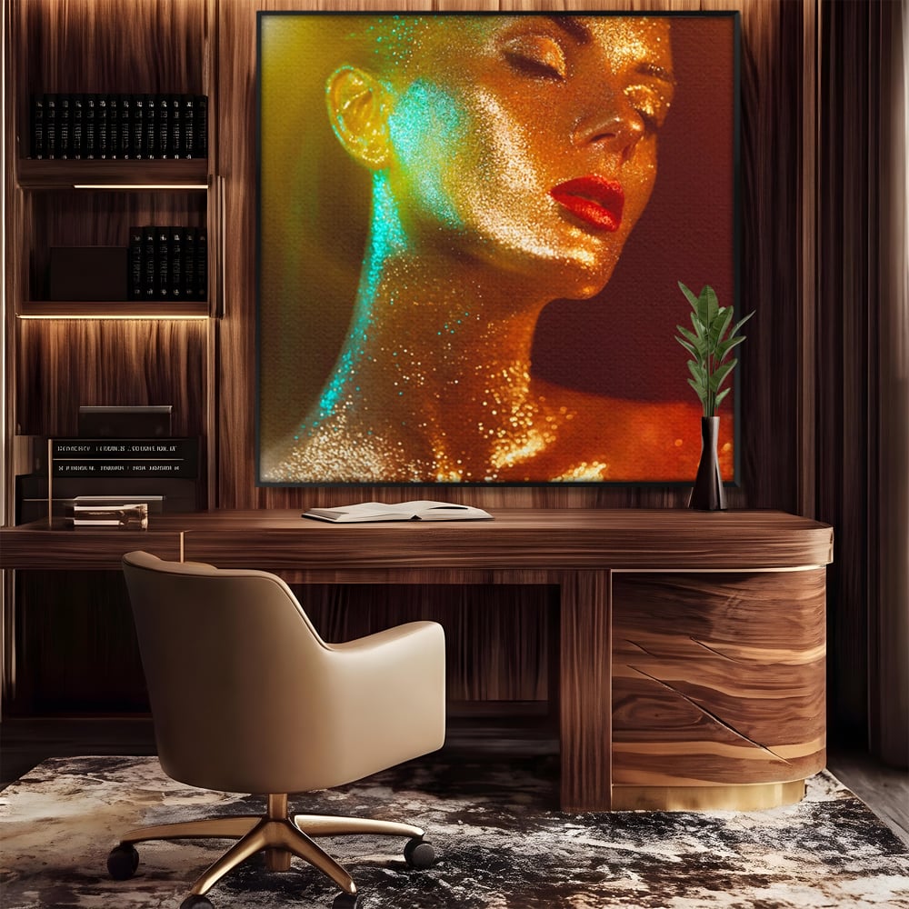 Leinwandbilder Premium LuxCanva® A1257, Mädchen mit Glitzer, Ankleiden, Glitzer, Gold, weiblich, Schlafzimmer, kräftige Farben