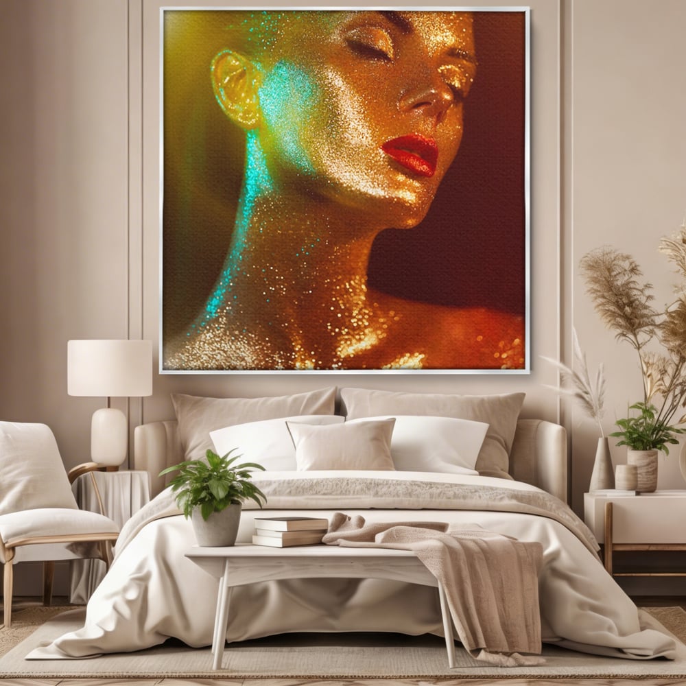 Leinwandbilder Premium LuxCanva® A1257, Mädchen mit Glitzer, Ankleiden, Glitzer, Gold, weiblich, Schlafzimmer, kräftige Farben
