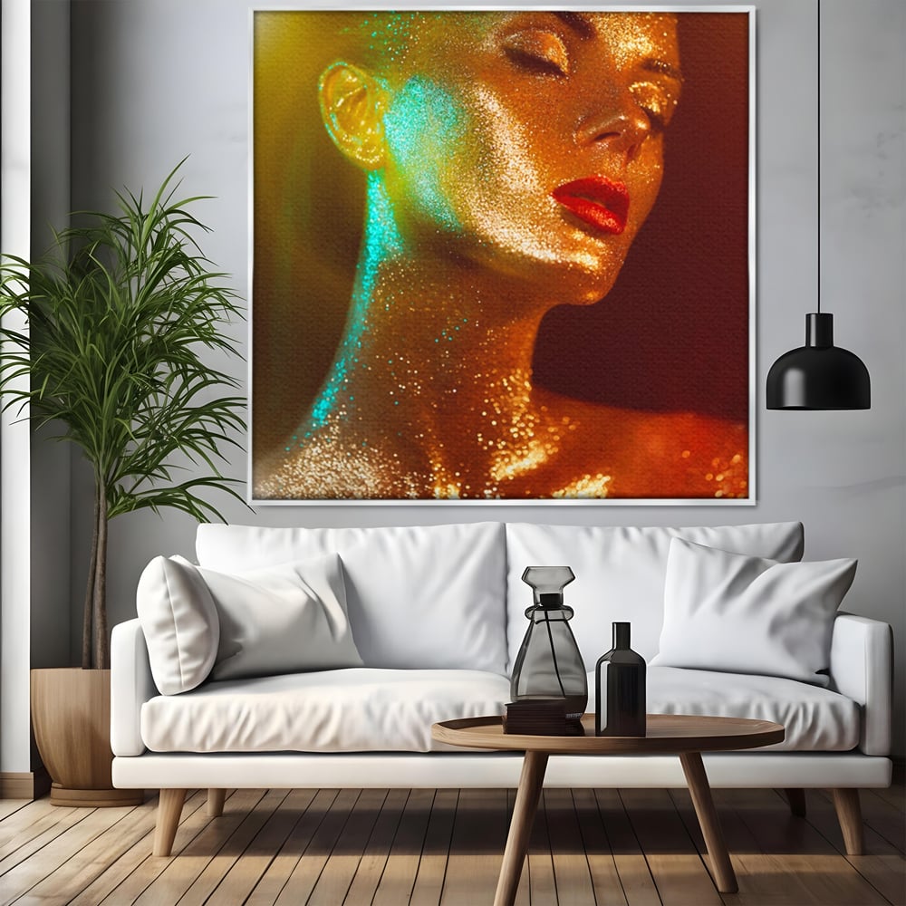 Leinwandbilder Premium LuxCanva® A1257, Mädchen mit Glitzer, Ankleiden, Glitzer, Gold, weiblich, Schlafzimmer, kräftige Farben