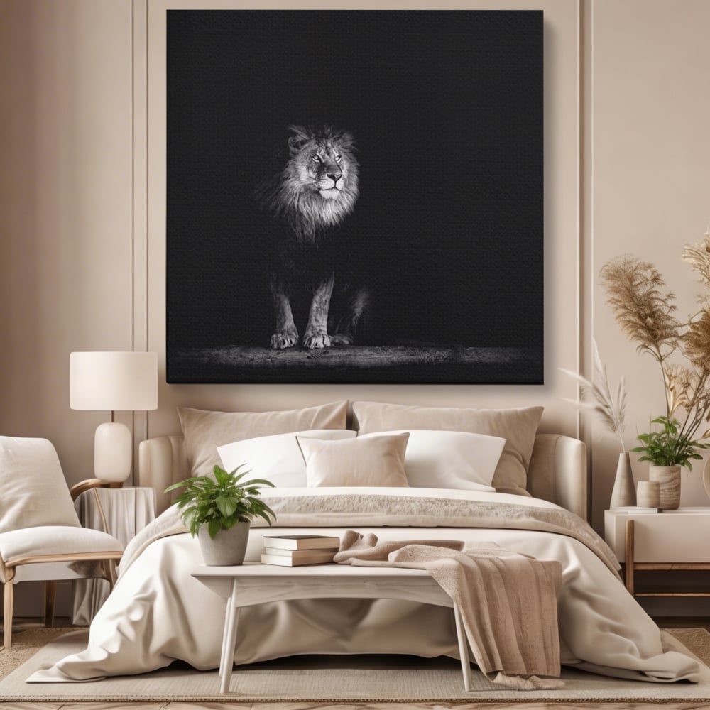 Tablou Canvas Premium LuxCanva® A1258, Leu Alb-Negru, Animal, Regele Junglei, Safari, Dormitor, Decorativ