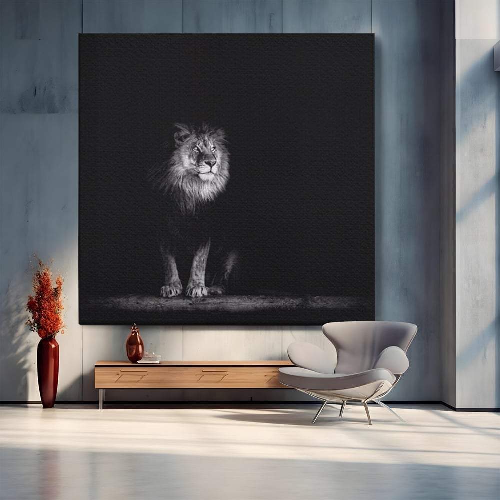 Tablou Canvas Premium LuxCanva® A1258, Leu Alb-Negru, Animal, Regele Junglei, Safari, Dormitor, Decorativ