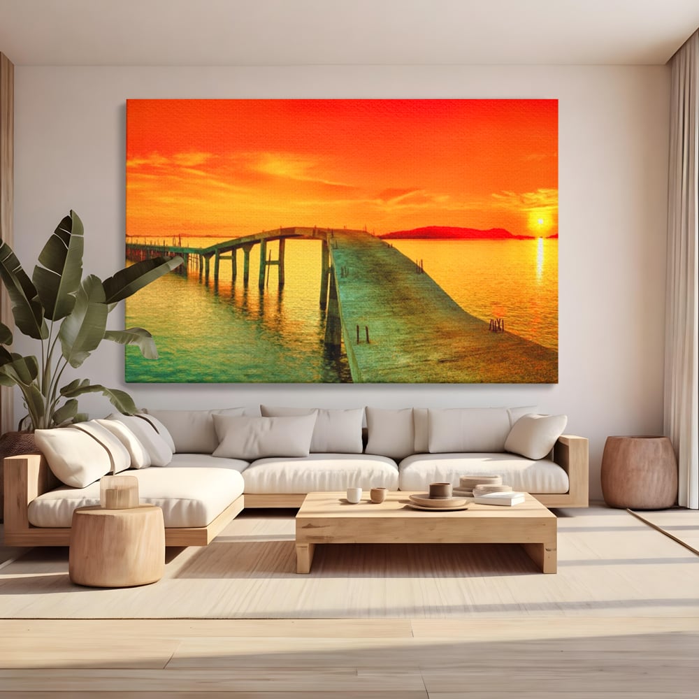 Tablou Canvas Premium LuxCanva® A1259, Pod La Rasarit , Mare, Munte, Soare, Dormitor, Culori Vibrante