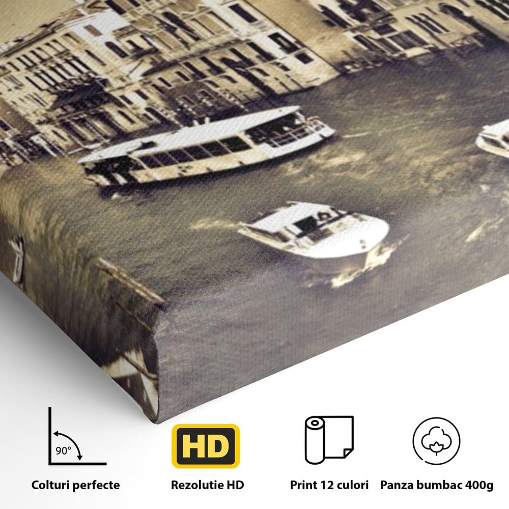 Tablou Canvas Premium LuxCanva® A1260, Venetia Alb-Negru ,Orasul Iubirii, Barci, Arhitectura, Culori Vibrante