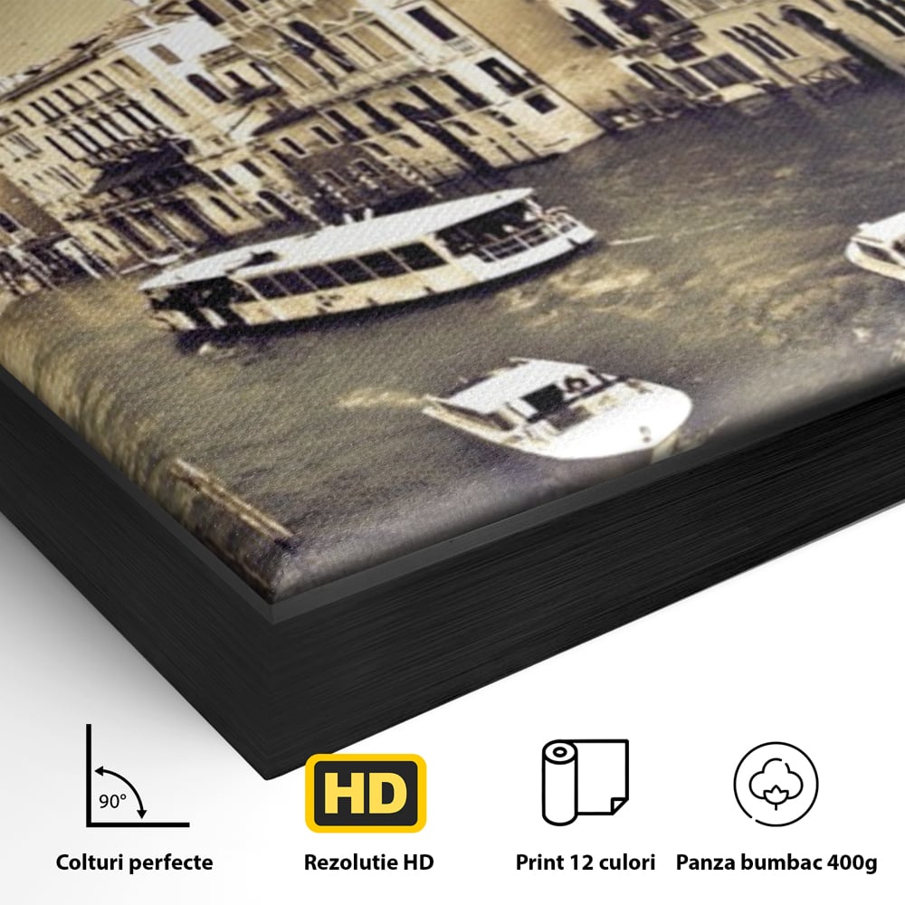 Tablou Canvas Premium LuxCanva® A1260, Venetia Alb-Negru ,Orasul Iubirii, Barci, Arhitectura, Culori Vibrante