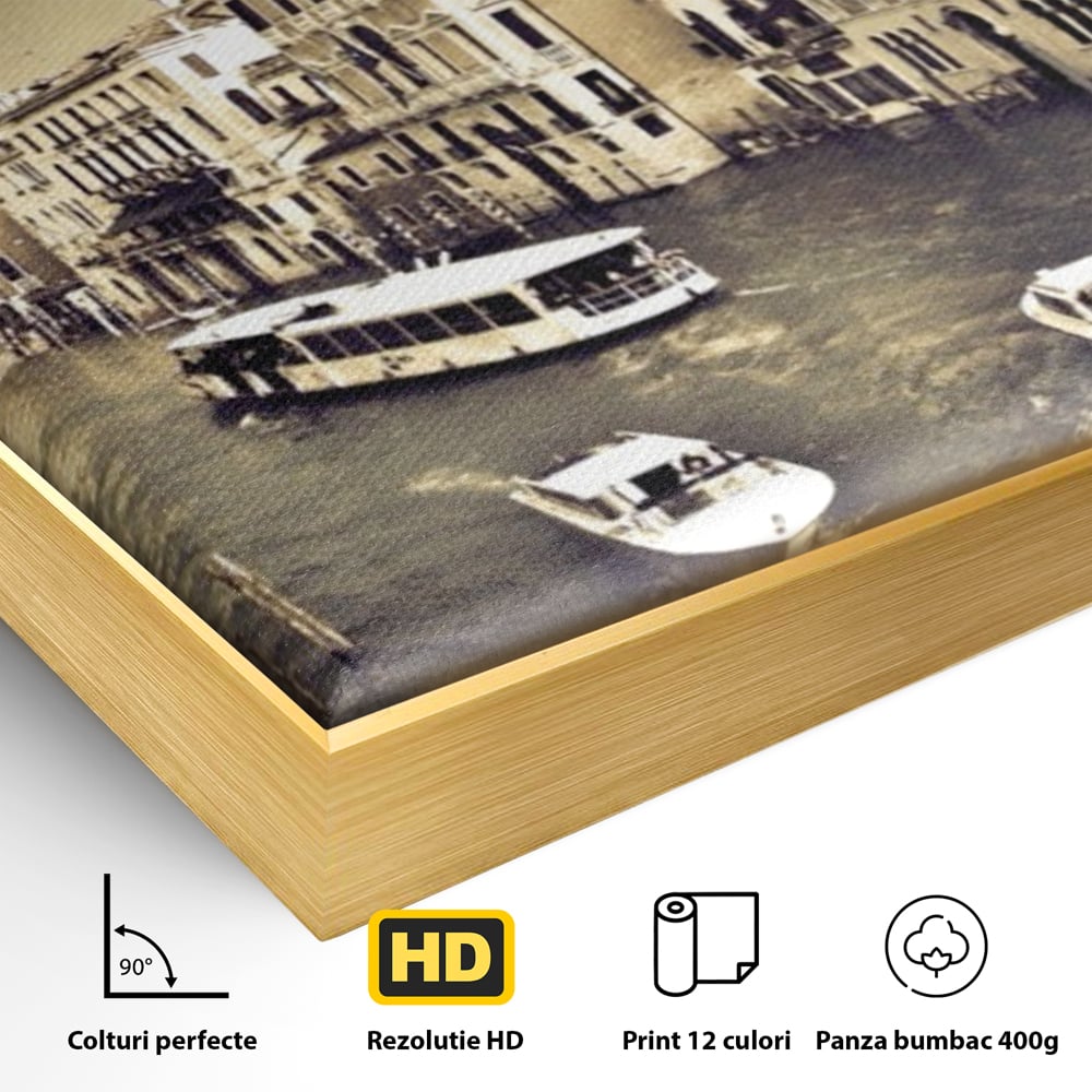 Tablou Canvas Premium LuxCanva® A1260, Venetia Alb-Negru ,Orasul Iubirii, Barci, Arhitectura, Culori Vibrante