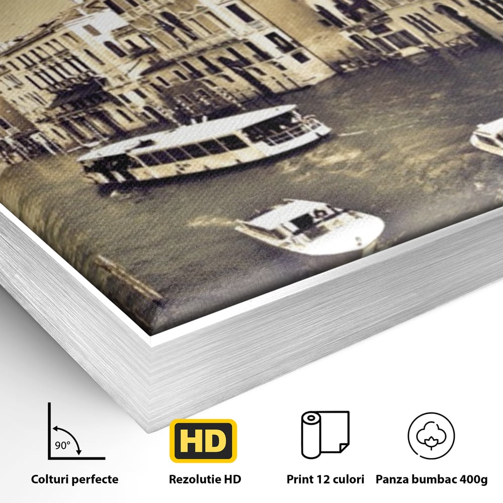 Tablou Canvas Premium LuxCanva® A1260, Venetia Alb-Negru ,Orasul Iubirii, Barci, Arhitectura, Culori Vibrante