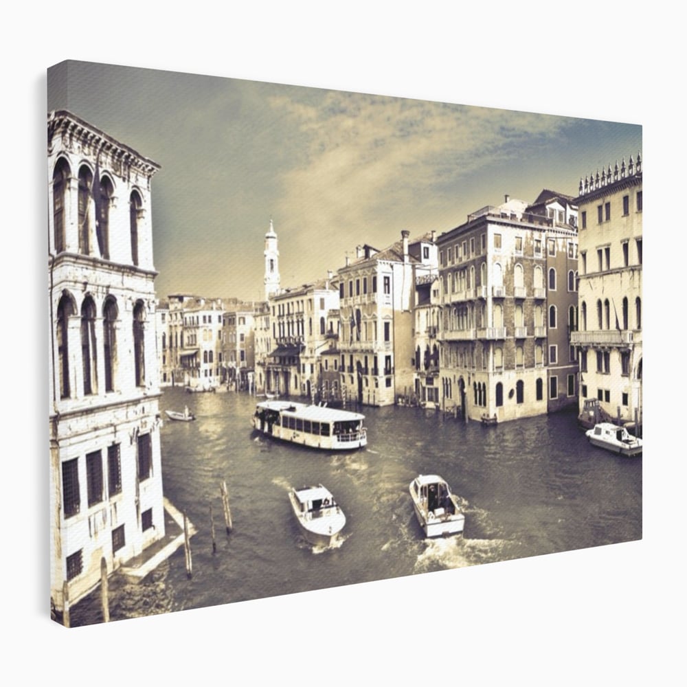Tablou Canvas Premium LuxCanva® A1260, Venetia Alb-Negru ,Orasul Iubirii, Barci, Arhitectura, Culori Vibrante