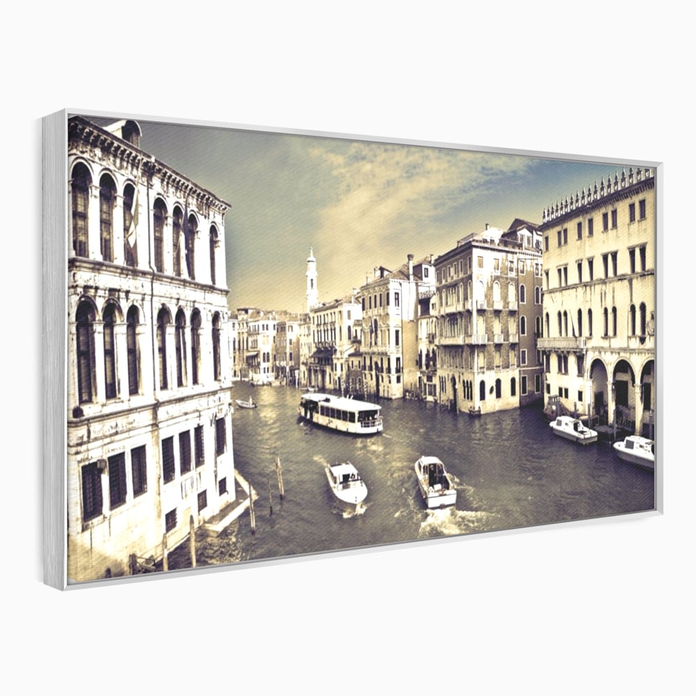 Tablou Canvas Premium LuxCanva® A1260, Venetia Alb-Negru ,Orasul Iubirii, Barci, Arhitectura, Culori Vibrante