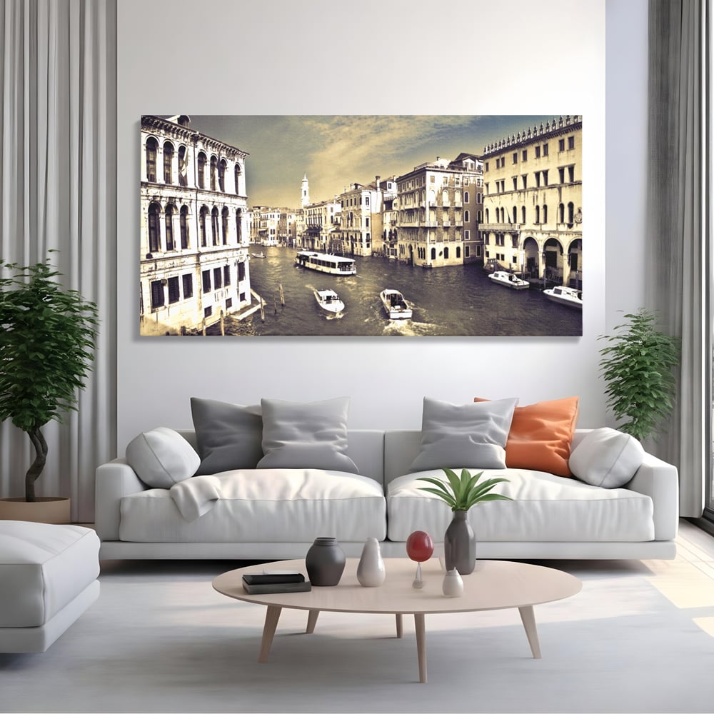 Tablou Canvas Premium LuxCanva® A1260, Venetia Alb-Negru ,Orasul Iubirii, Barci, Arhitectura, Culori Vibrante