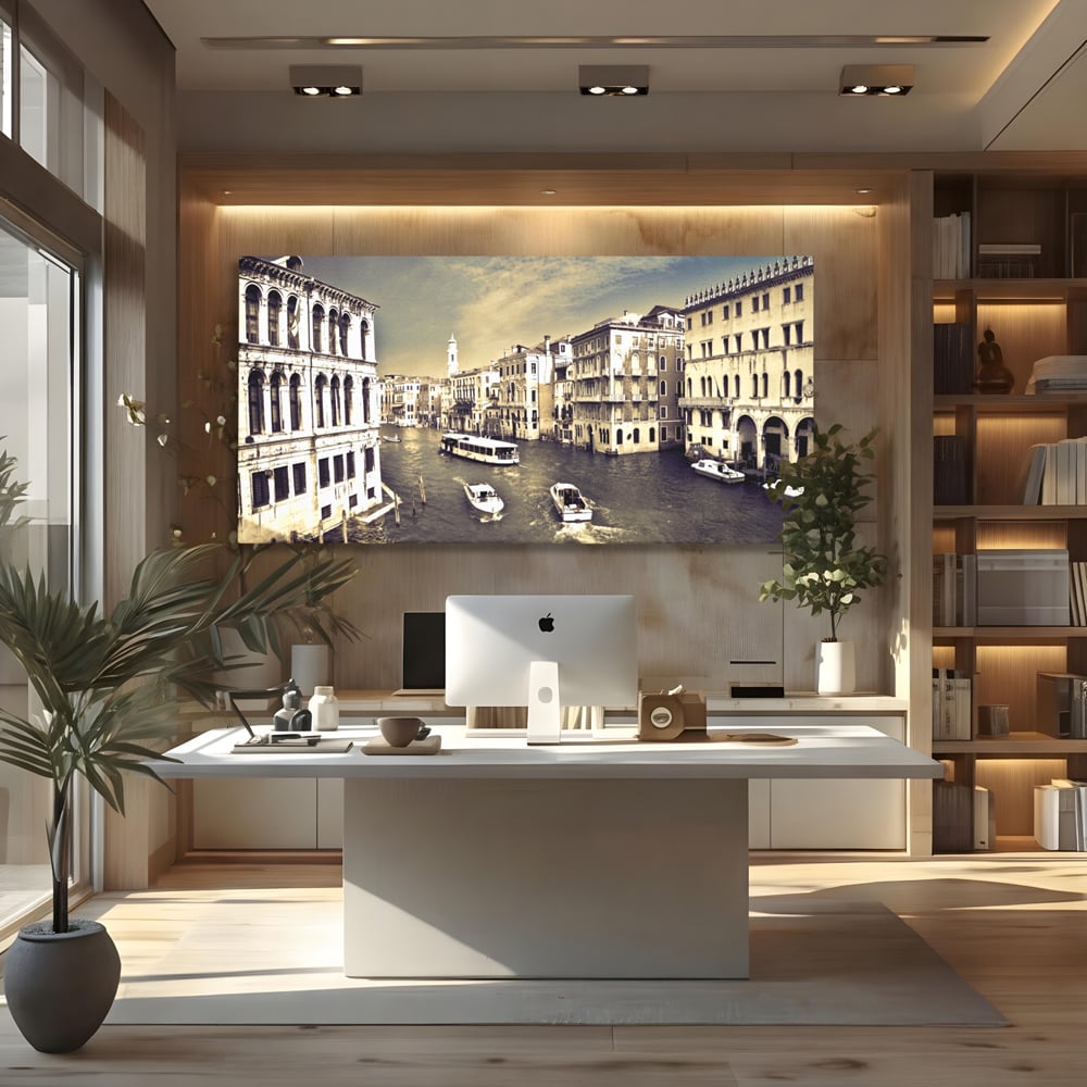Tablou Canvas Premium LuxCanva® A1260, Venetia Alb-Negru ,Orasul Iubirii, Barci, Arhitectura, Culori Vibrante