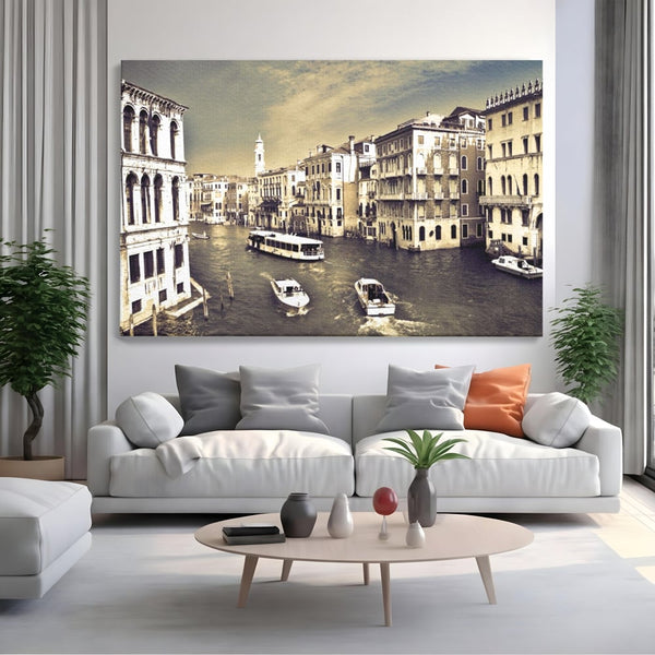 Tablou Canvas Premium LuxCanva® A1260, Venetia Alb-Negru ,Orasul Iubirii, Barci, Arhitectura, Culori Vibrante
