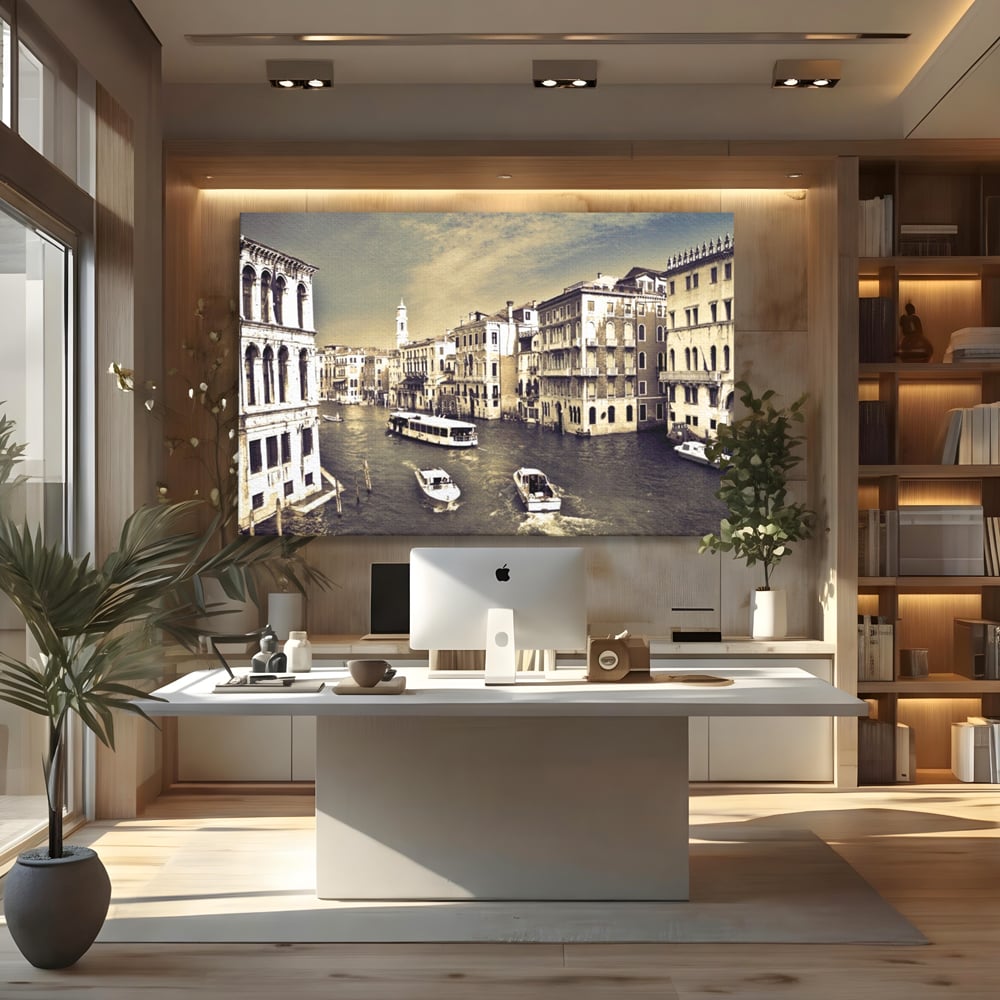 Tablou Canvas Premium LuxCanva® A1260, Venetia Alb-Negru ,Orasul Iubirii, Barci, Arhitectura, Culori Vibrante