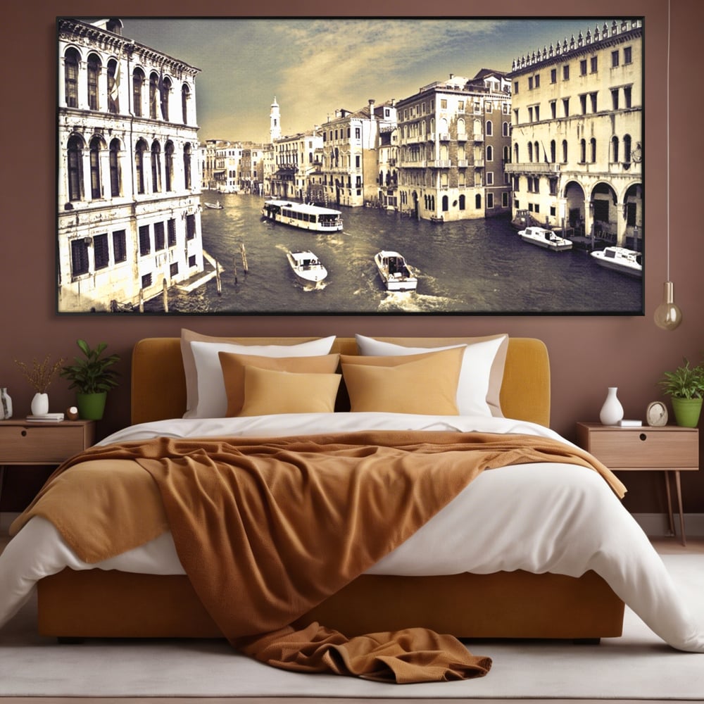 Tablou Canvas Premium LuxCanva® A1260, Venetia Alb-Negru ,Orasul Iubirii, Barci, Arhitectura, Culori Vibrante