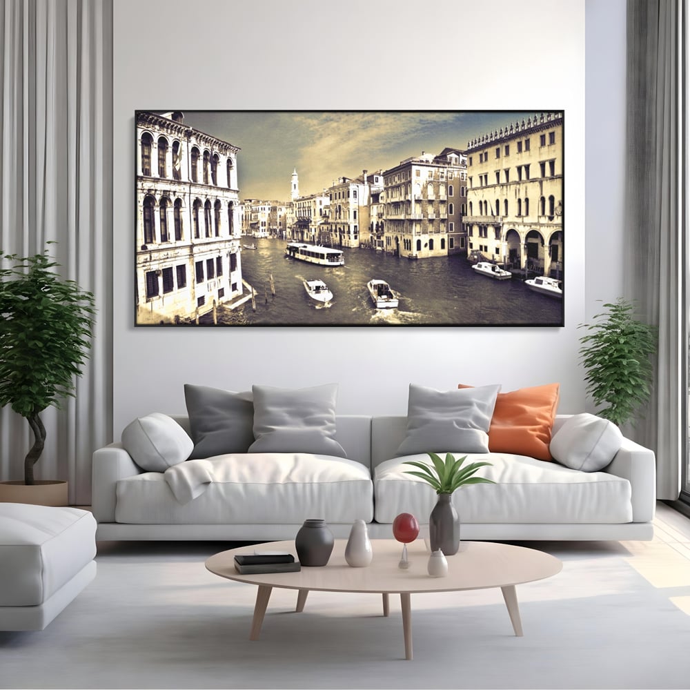 Tablou Canvas Premium LuxCanva® A1260, Venetia Alb-Negru ,Orasul Iubirii, Barci, Arhitectura, Culori Vibrante