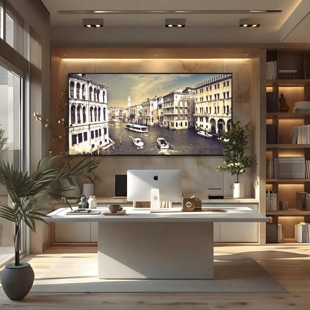 Tablou Canvas Premium LuxCanva® A1260, Venetia Alb-Negru ,Orasul Iubirii, Barci, Arhitectura, Culori Vibrante