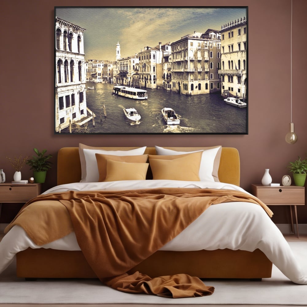 Tablou Canvas Premium LuxCanva® A1260, Venetia Alb-Negru ,Orasul Iubirii, Barci, Arhitectura, Culori Vibrante