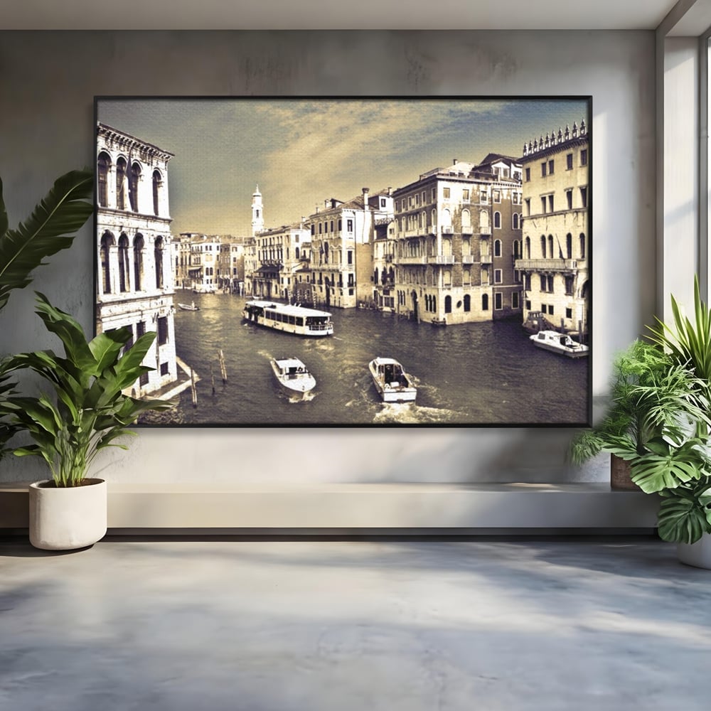 Tablou Canvas Premium LuxCanva® A1260, Venetia Alb-Negru ,Orasul Iubirii, Barci, Arhitectura, Culori Vibrante