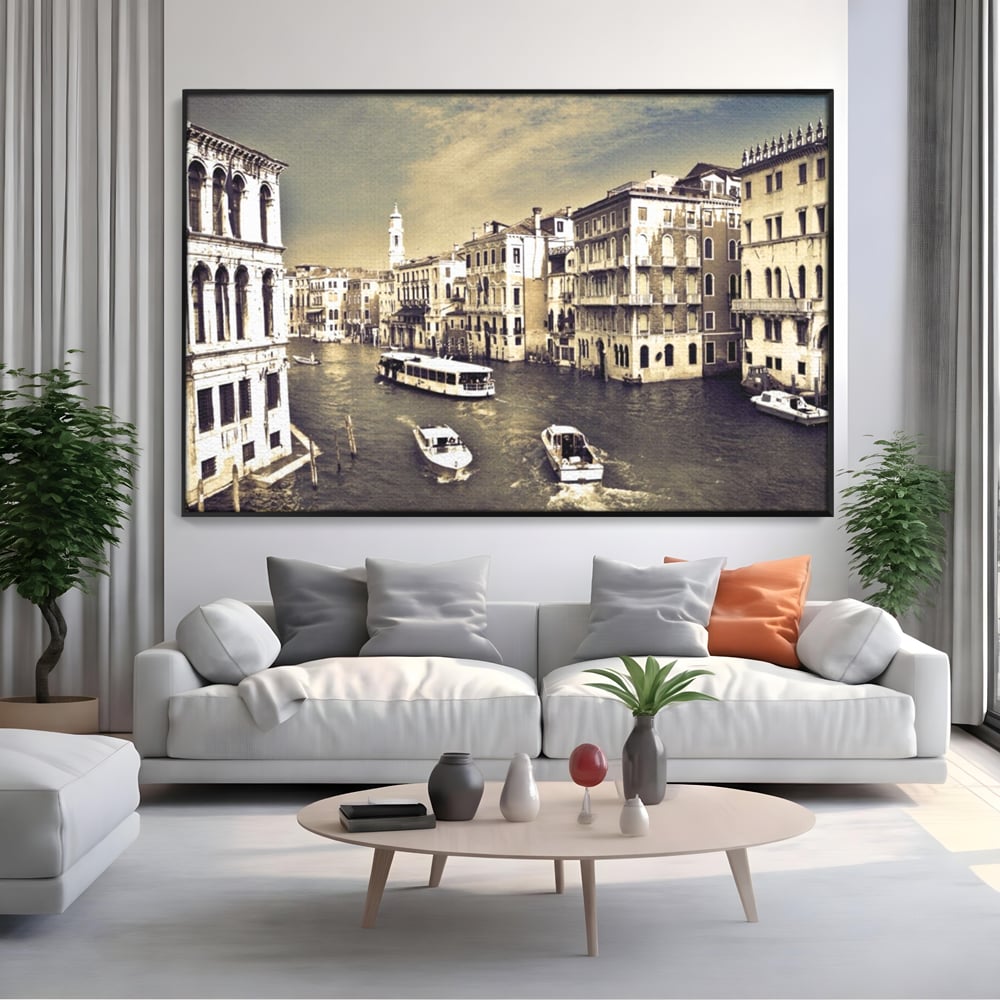 Tablou Canvas Premium LuxCanva® A1260, Venetia Alb-Negru ,Orasul Iubirii, Barci, Arhitectura, Culori Vibrante