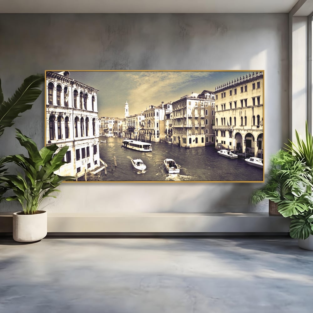 Tablou Canvas Premium LuxCanva® A1260, Venetia Alb-Negru ,Orasul Iubirii, Barci, Arhitectura, Culori Vibrante