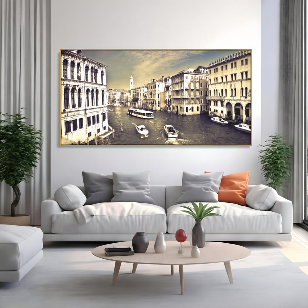 Tablou Canvas Premium LuxCanva® A1260, Venetia Alb-Negru ,Orasul Iubirii, Barci, Arhitectura, Culori Vibrante