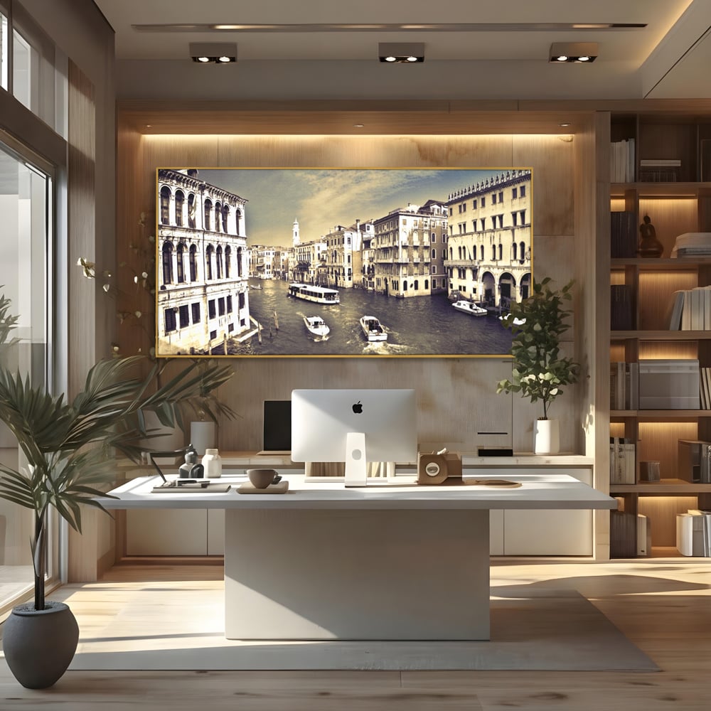 Tablou Canvas Premium LuxCanva® A1260, Venetia Alb-Negru ,Orasul Iubirii, Barci, Arhitectura, Culori Vibrante