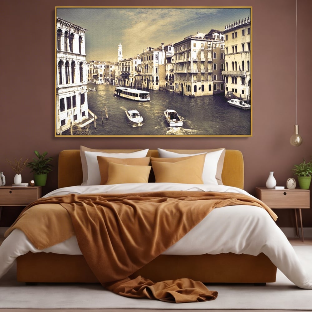 Tablou Canvas Premium LuxCanva® A1260, Venetia Alb-Negru ,Orasul Iubirii, Barci, Arhitectura, Culori Vibrante