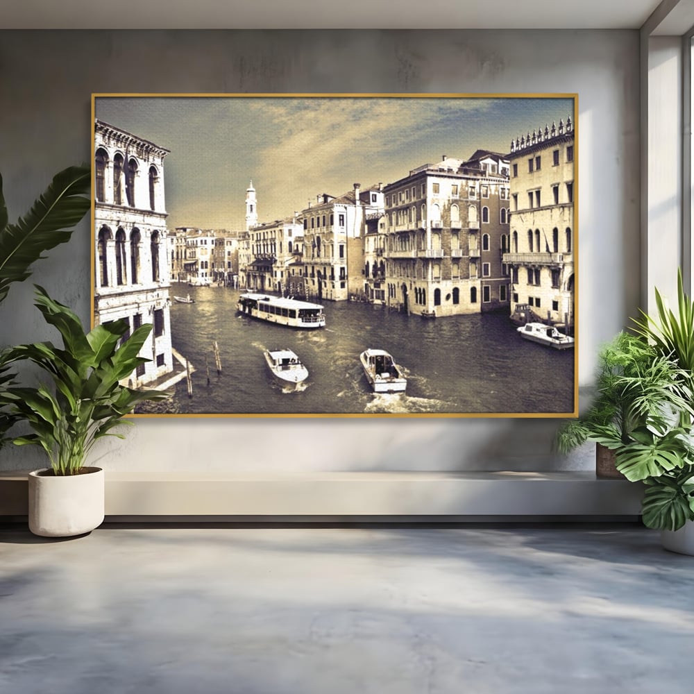 Tablou Canvas Premium LuxCanva® A1260, Venetia Alb-Negru ,Orasul Iubirii, Barci, Arhitectura, Culori Vibrante