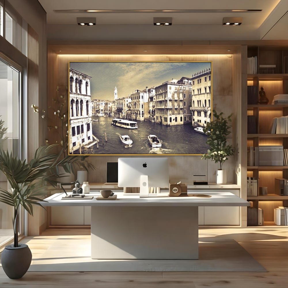 Tablou Canvas Premium LuxCanva® A1260, Venetia Alb-Negru ,Orasul Iubirii, Barci, Arhitectura, Culori Vibrante